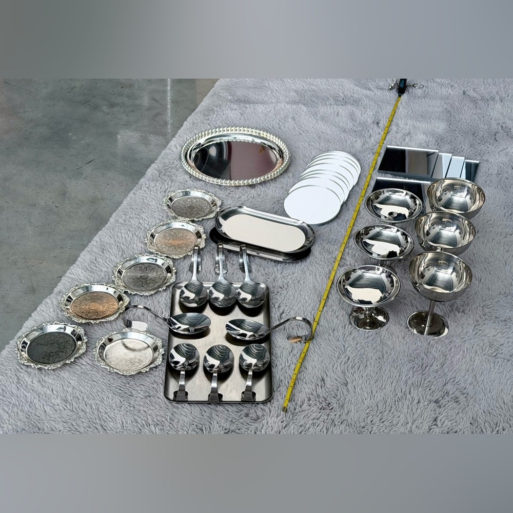 Wedding Dessert Table Decor Set | Silver Metal Trays & Acrylic Mirrors